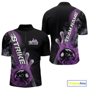 Custom Purple Flame Strike Bowling Team Quarter-Zip Shirts For Men, Fire Bowling Jerseys IPHW9571