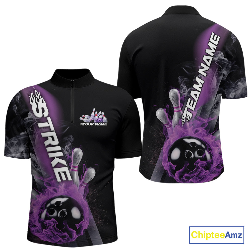 Custom Purple Flame Strike Bowling Team Quarter-Zip Shirts For Men, Fire Bowling Jerseys IPHW9571
