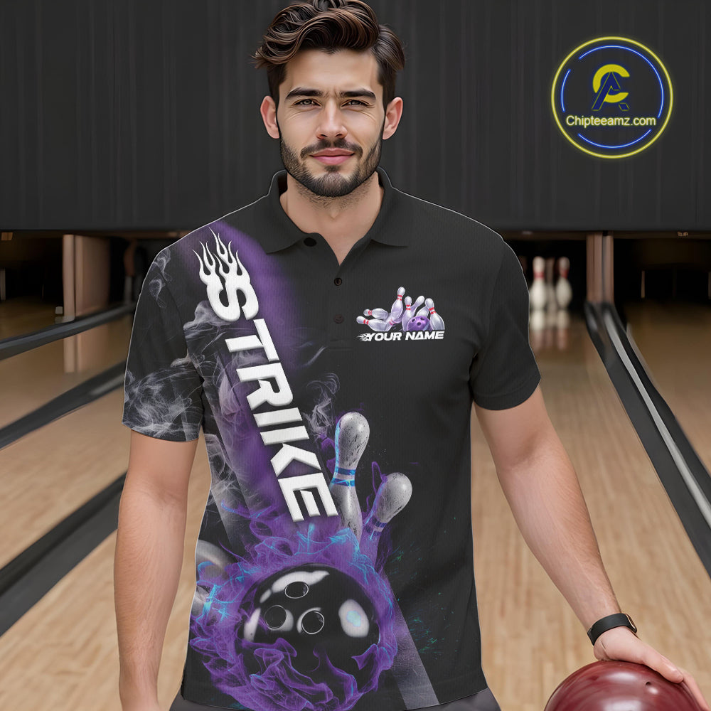 Custom Blue And Purple Flame Strike Bowling Team Polo Shirts For Men, Fire Bowling Jerseys IPHW9572