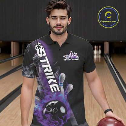 Custom Blue And Purple Flame Strike Bowling Team Polo Shirts For Men, Fire Bowling Jerseys IPHW9572