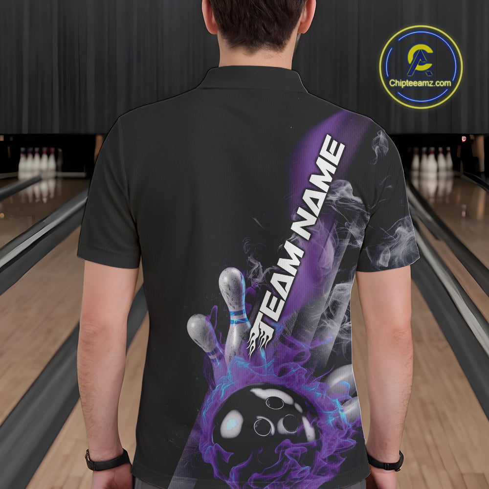 Custom Blue And Purple Flame Strike Bowling Team Polo Shirts For Men, Fire Bowling Jerseys IPHW9572