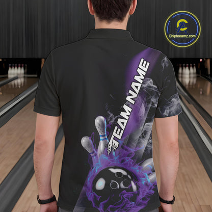 Custom Blue And Purple Flame Strike Bowling Team Polo Shirts For Men, Fire Bowling Jerseys IPHW9572