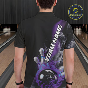 Custom Blue And Purple Flame Strike Bowling Team Polo Shirts For Men, Fire Bowling Jerseys IPHW9572