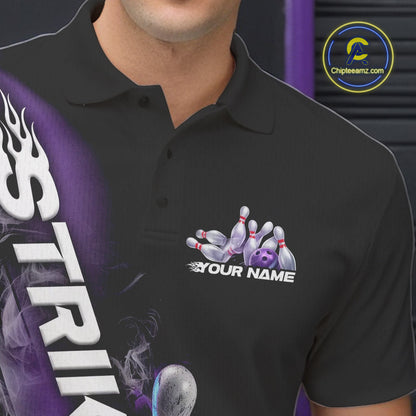 Custom Blue And Purple Flame Strike Bowling Team Polo Shirts For Men, Fire Bowling Jerseys IPHW9572