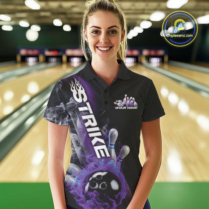 Custom Blue And Purple Flame Strike Bowling Team Women Polo Shirt, Fire Bowling Jerseys IPHW9572