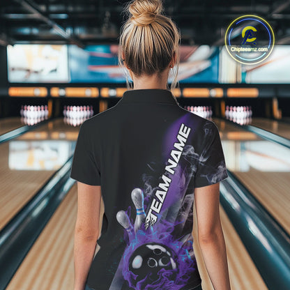 Custom Blue And Purple Flame Strike Bowling Team Women Polo Shirt, Fire Bowling Jerseys IPHW9572