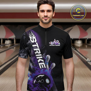 Custom Blue And Purple Flame Strike Bowling Team Quarter-Zip Shirts For Men, Fire Bowling Jerseys IPHW9572