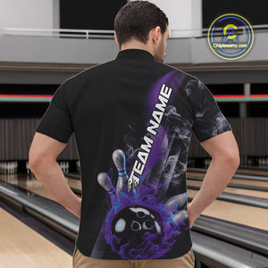 Custom Blue And Purple Flame Strike Bowling Team Quarter-Zip Shirts For Men, Fire Bowling Jerseys IPHW9572