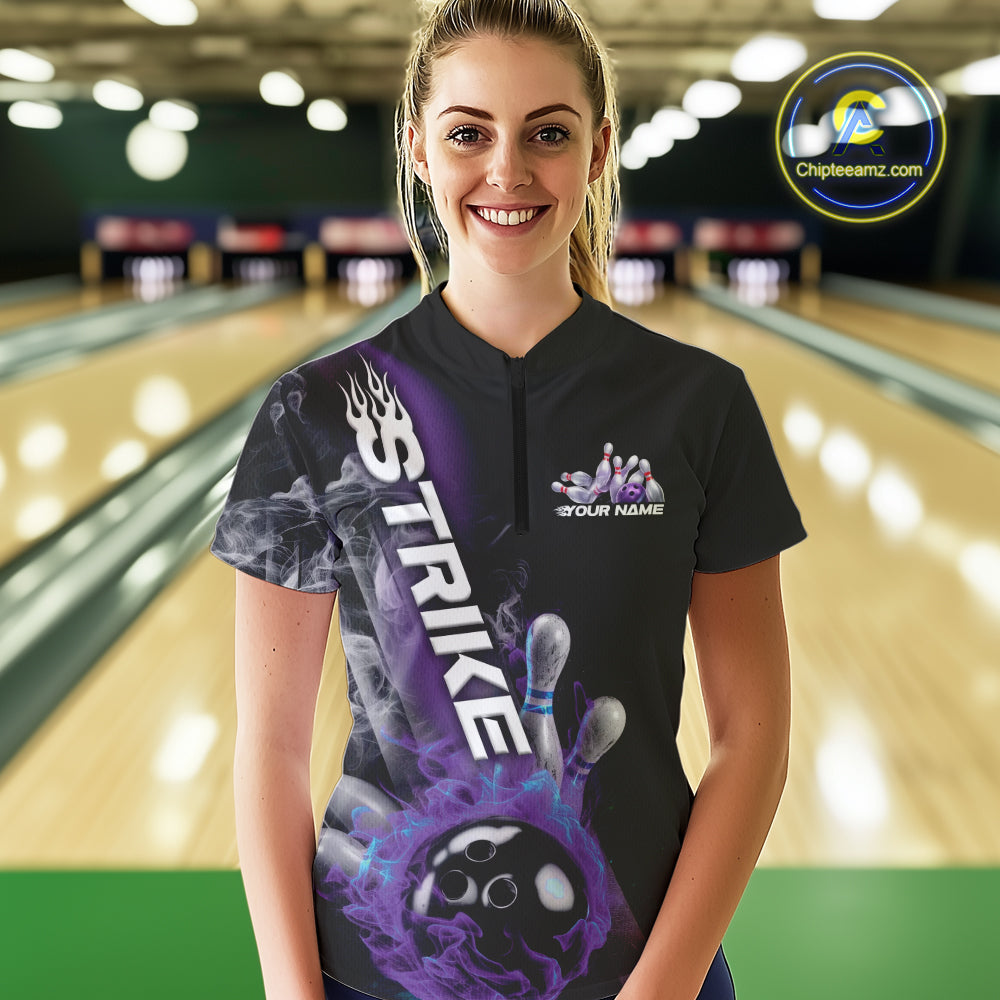 Custom Blue And Purple Flame Strike Bowling Women Quarter-Zip Shirt, Fire Bowling Jersey IPHW9572