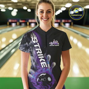 Custom Blue And Purple Flame Strike Bowling Women Quarter-Zip Shirt, Fire Bowling Jersey IPHW9572