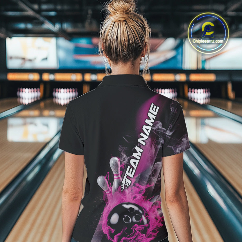 Custom Pink Flame Strike Bowling Team Quarter-Zip Shirts For Women, Fire Bowling Jerseys IPHW9573