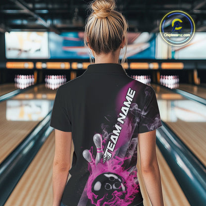 Custom Pink Flame Strike Bowling Team Quarter-Zip Shirts For Women, Fire Bowling Jerseys IPHW9573