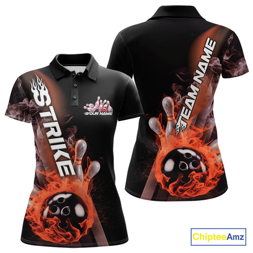 Custom Orange Flame Strike Bowling Team Polo Shirts For Women, Fire Bowling Jerseys IPHW9574