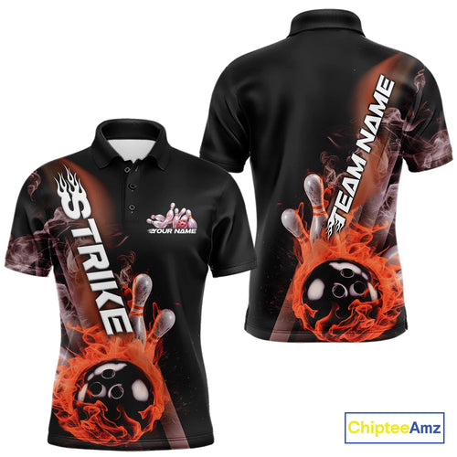 Custom Orange Flame Strike Bowling Team Polo Shirts For Men, Fire Bowling Jerseys IPHW9574