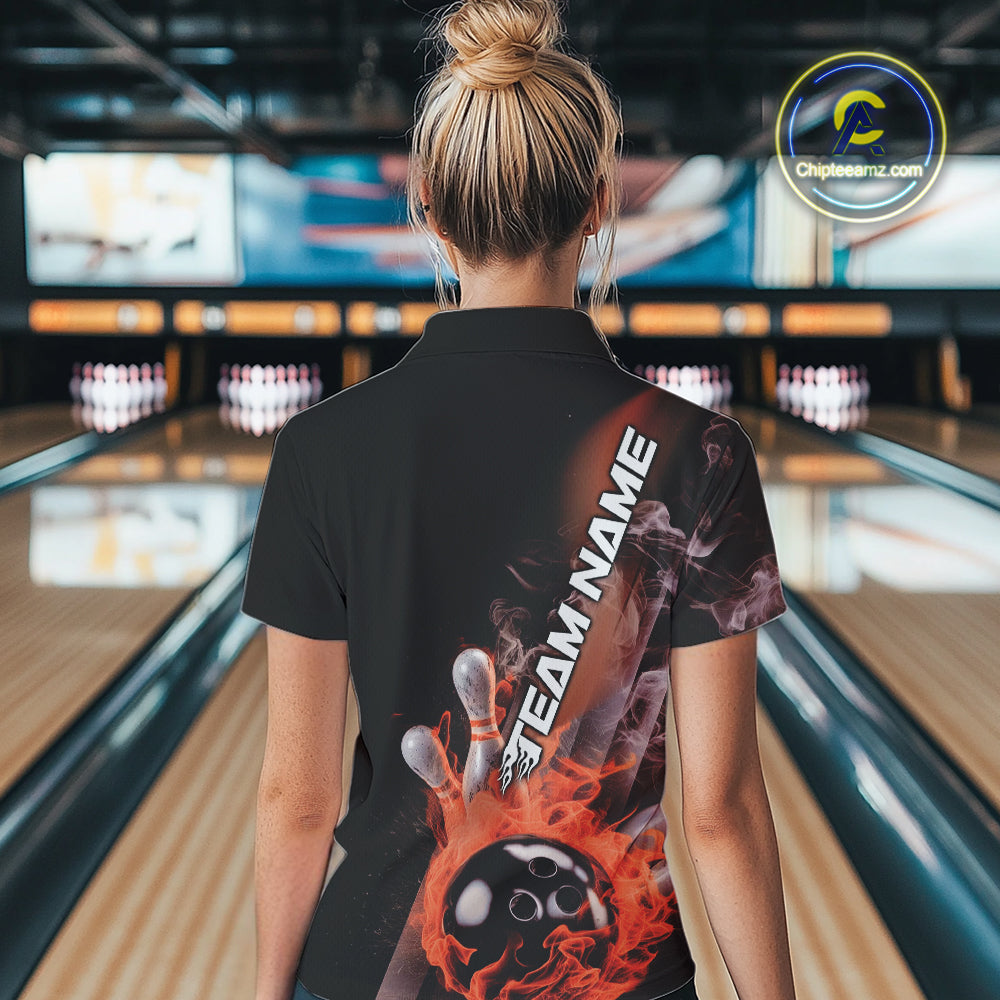 Custom Orange Flame Strike Bowling Team Women Quarter-Zip Shirt, Fire Bowling Jerseys IPHW9574