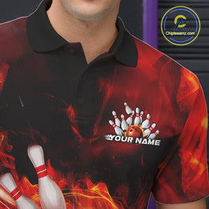 Custom Fire Flame Skull Bowling Polo Shirts For Men, Halloween Bowling Outfits IPHW9575