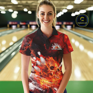 Custom Fire Flame Skull Bowling Polo Shirts For Women, Halloween Bowling Outfits IPHW9575