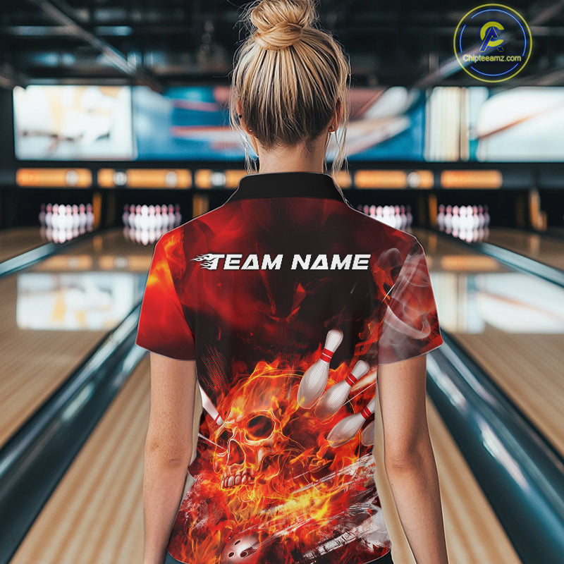 Custom Fire Flame Skull Bowling Quarter-Zip Shirts For Women, Halloween Bowling Outfits IPHW9575