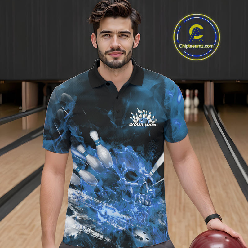 Custom Blue Fire Flame Skull Bowling Polo Shirts For Men, Halloween Bowling Outfits IPHW9576