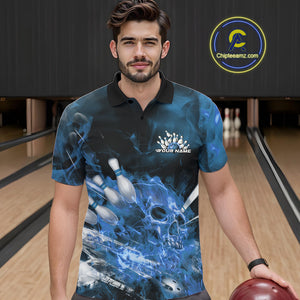 Custom Blue Fire Flame Skull Bowling Polo Shirts For Men, Halloween Bowling Outfits IPHW9576