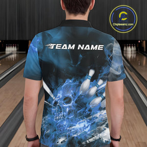 Custom Blue Fire Flame Skull Bowling Polo Shirts For Men, Halloween Bowling Outfits IPHW9576