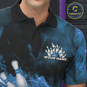 Custom Blue Fire Flame Skull Bowling Polo Shirts For Men, Halloween Bowling Outfits IPHW9576