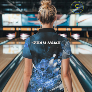 Custom Blue Fire Flame Skull Bowling Polo Shirts For Women, Halloween Bowling Outfits IPHW9576
