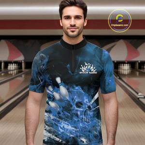 Custom Blue Fire Flame Skull Bowling Quarter-Zip Shirts For Men, Halloween Bowling Outfits IPHW9576