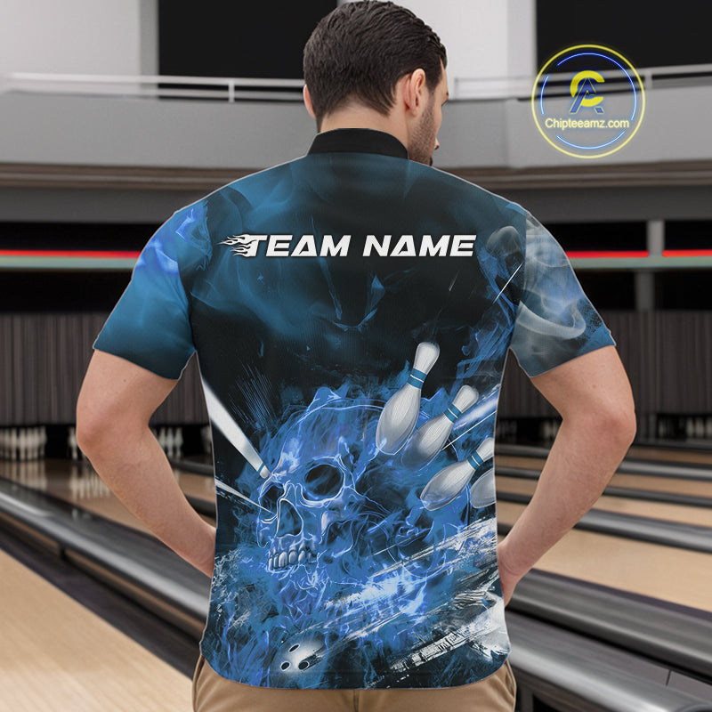 Custom Blue Fire Flame Skull Bowling Quarter-Zip Shirts For Men, Halloween Bowling Outfits IPHW9576
