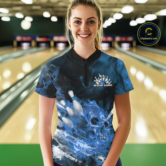Custom Blue Fire Flame Skull Bowling Women Quarter-Zip Shirt, Halloween Bowling Outfits IPHW9576