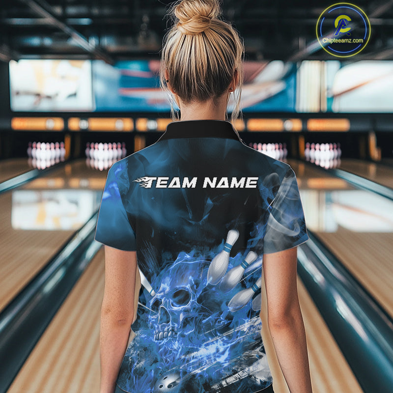 Custom Blue Fire Flame Skull Bowling Women Quarter-Zip Shirt, Halloween Bowling Outfits IPHW9576