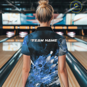 Custom Blue Fire Flame Skull Bowling Women Quarter-Zip Shirt, Halloween Bowling Outfits IPHW9576