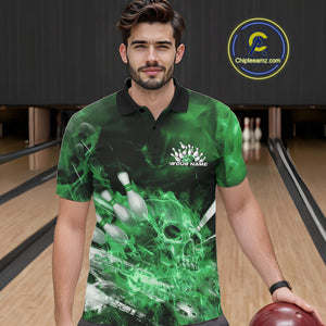 Custom Green Fire Flame Skull Bowling Polo Shirts For Men, Halloween Bowling Outfits IPHW9577