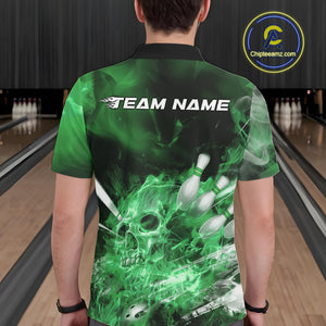 Custom Green Fire Flame Skull Bowling Polo Shirts For Men, Halloween Bowling Outfits IPHW9577