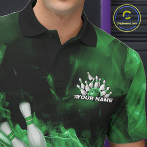 Custom Green Fire Flame Skull Bowling Polo Shirts For Men, Halloween Bowling Outfits IPHW9577