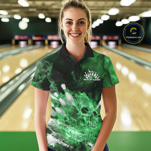 Custom Green Fire Flame Skull Bowling Polo Shirts For Women, Halloween Bowling Outfits IPHW9577