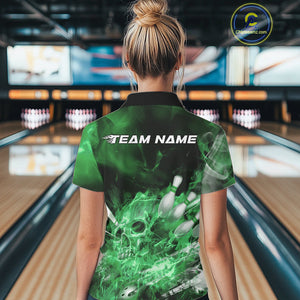 Custom Green Fire Flame Skull Bowling Polo Shirts For Women, Halloween Bowling Outfits IPHW9577