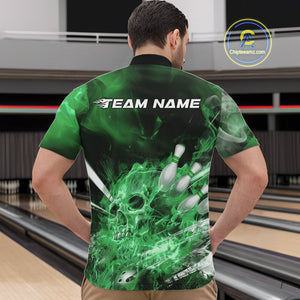 Custom Green Fire Flame Skull Bowling Quarter-Zip Shirts For Men, Halloween Bowling Outfits IPHW9577