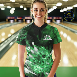 Custom Green Fire Flame Skull Bowling Women Quarter-Zip Shirt, Halloween Bowling Outfits IPHW9577