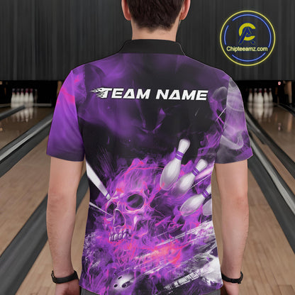 Custom Purple Fire Flame Skull Bowling Polo Shirts For Men, Halloween Bowling Outfits IPHW9578