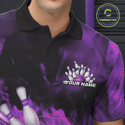Custom Purple Fire Flame Skull Bowling Polo Shirts For Men, Halloween Bowling Outfits IPHW9578