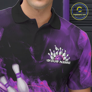 Custom Purple Fire Flame Skull Bowling Polo Shirts For Men, Halloween Bowling Outfits IPHW9578