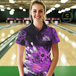 Custom Purple Fire Flame Skull Bowling Polo Shirts For Women, Halloween Bowling Outfits IPHW9578