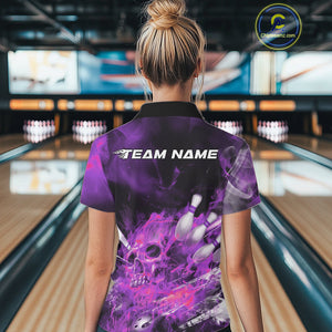 Custom Purple Fire Flame Skull Bowling Polo Shirts For Women, Halloween Bowling Outfits IPHW9578