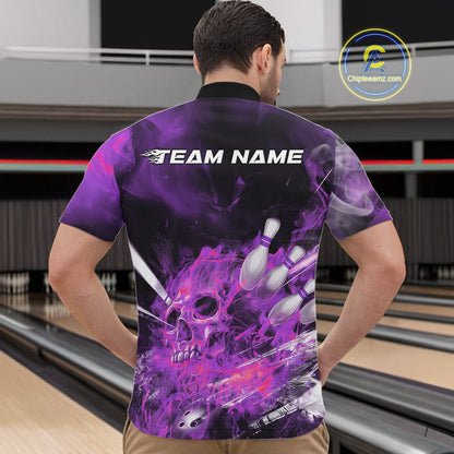 Custom Purple Fire Flame Skull Bowling Quarter-Zip Shirts For Men, Halloween Bowling Outfits IPHW9578