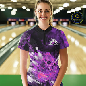 Custom Purple Fire Flame Skull Bowling Women Quarter-Zip Shirt, Halloween Bowling Outfits IPHW9578