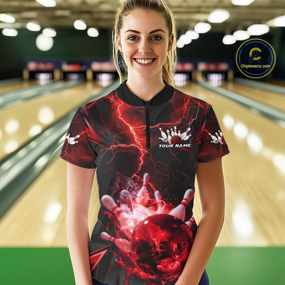 Custom Red Thunder Lightning Bowling Team Women Quarter-Zip Shirt, Red Bowling Jerseys IPHW9581