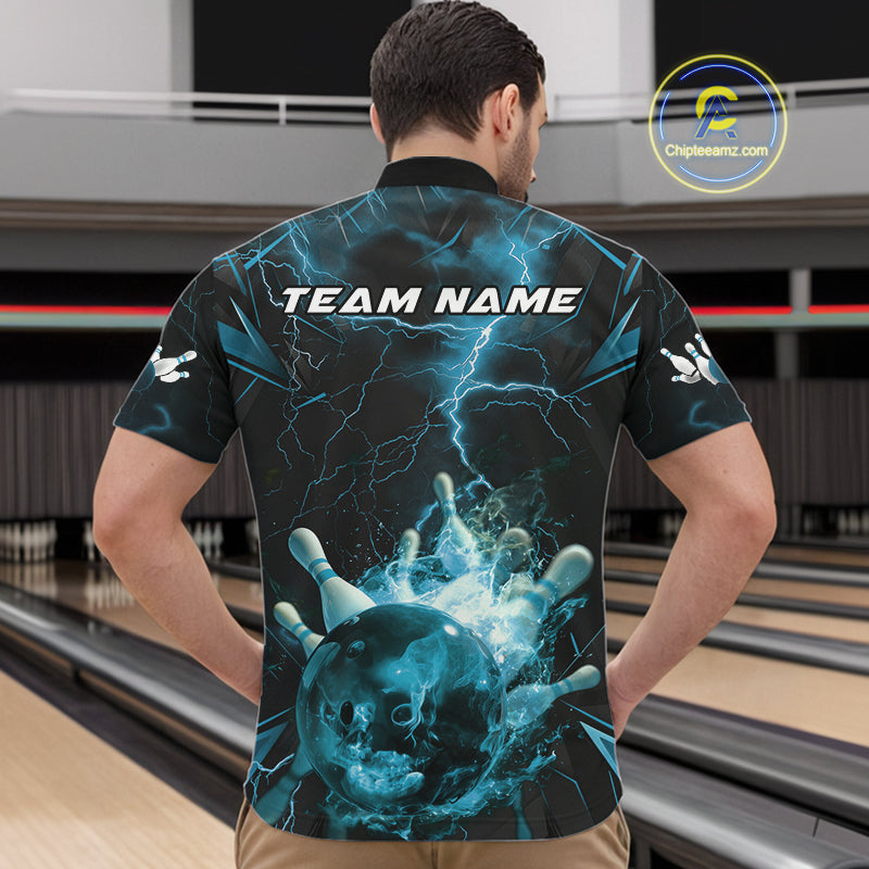 Custom Blue Thunder Lightning Bowling Team Quarter-Zip Shirts For Men, Red Bowling Jerseys IPHW9582