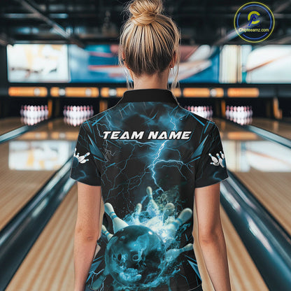 Custom Blue Thunder Lightning Bowling Team Women Quarter-Zip Shirt, Red Bowling Jerseys IPHW9582