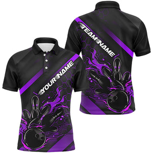 Custom Black And Purple Flame Bowling Shirts For Men, Bowling Team Bowling League Shirts IPHW7288